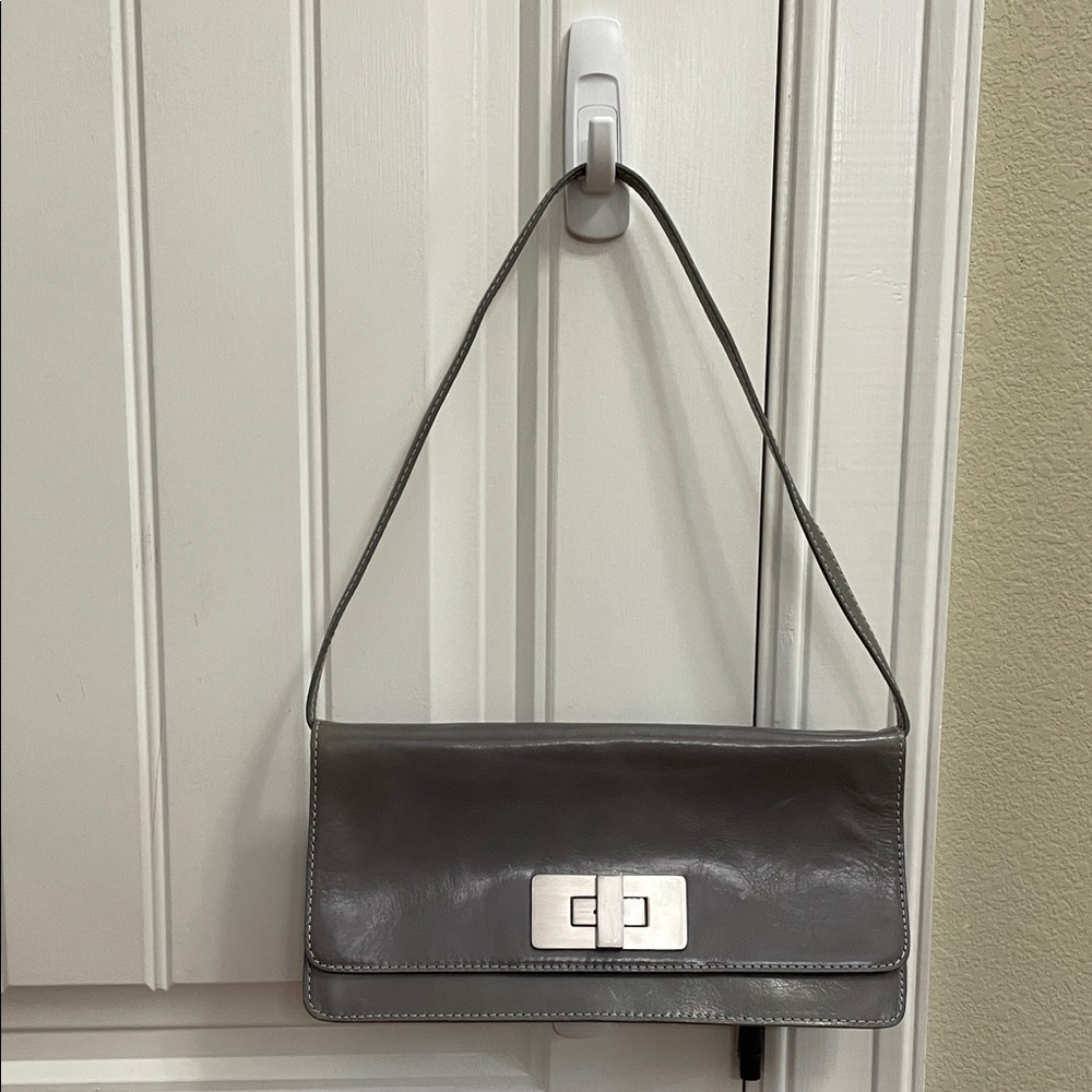 Kate Landry Gray Leather Shoulder Bag with Silver Turn-Lock